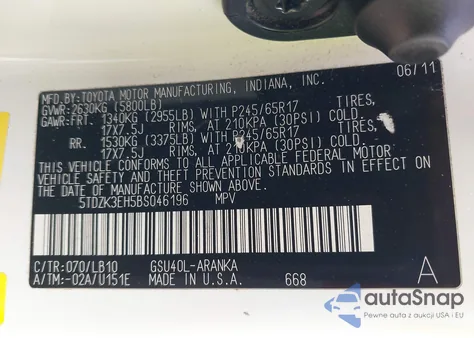 2011 Toyota Highlander Se V6 из США, поврежденный, VIN 5TDZK3EH5BS046196